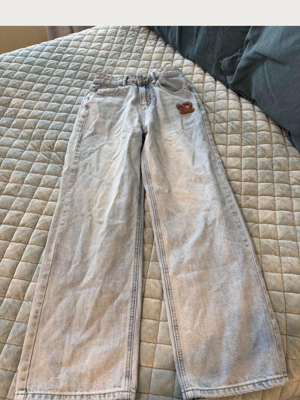 Loewe Light Wash Wide Leg Jeans with Brown Embroidered Logo